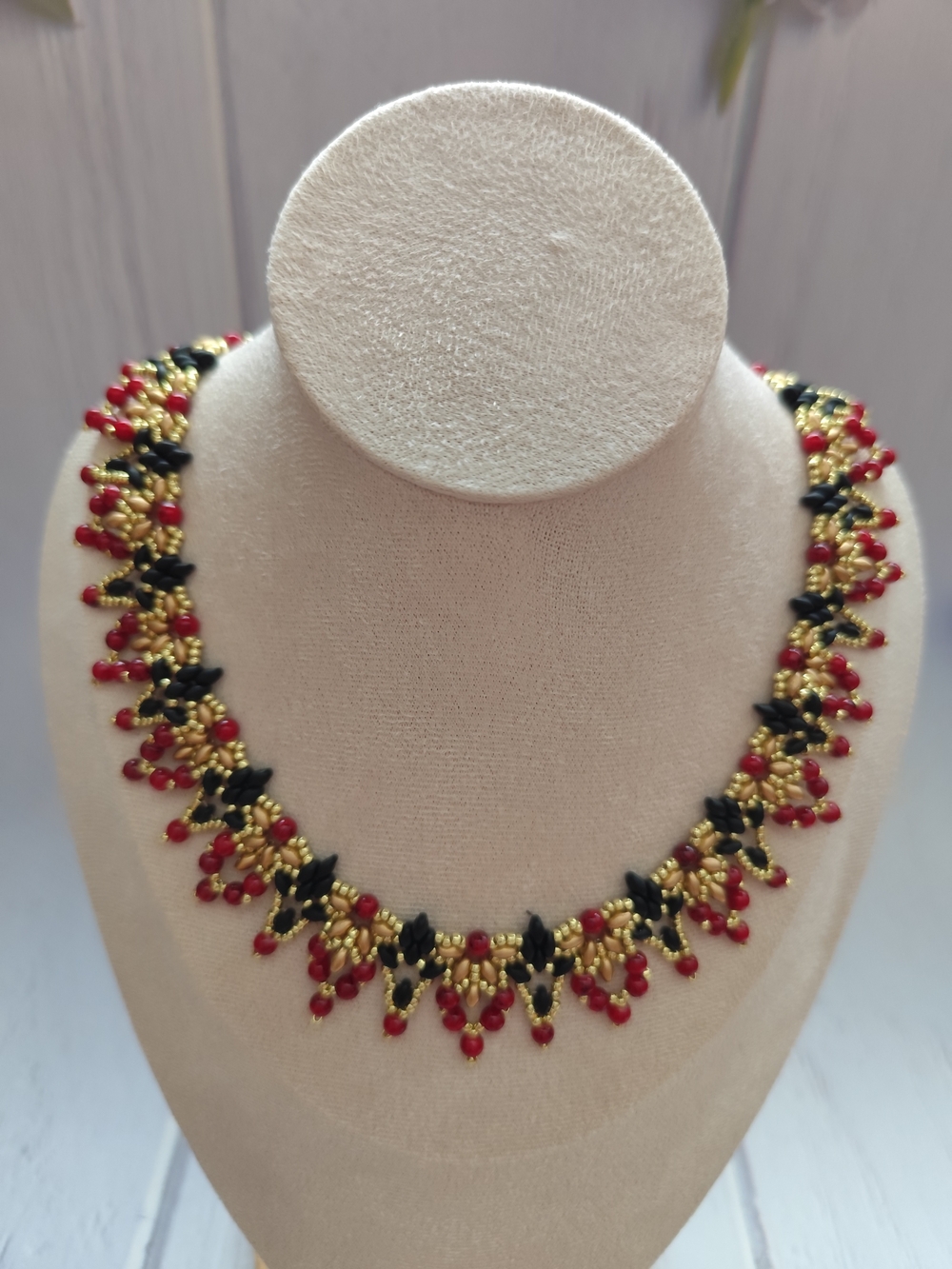 Gold, Black & Red Beaded Statement Necklace